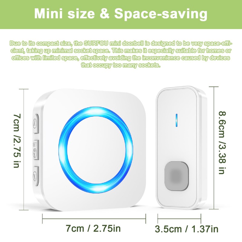 SURFOU Doorbell Waterproof Wireless Doorbell Easy Install at 1,300ft Long