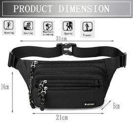 Large Waist Bum Bag Fanny Pack for Outdoor Sport Fashion Waterproof Bag Belt Bag for women men boys Multifunctional Travel Workout Hiking Running Cycling 6 Zipper Pockets (Black)