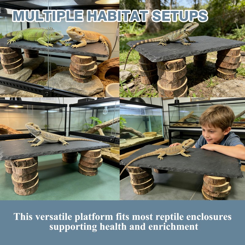 Bearded Dragon Basking Rock Platform with Wooden Pile,Natural Slate Stone