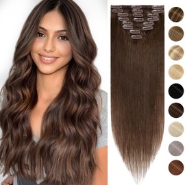 Silk-co Hair Extensions Clip in Hair Extensions Real Human Hair 14inch 8PCS Hair Pieces 100% Real Remy Straight Hair Extension 60g -Basic Thickness-Thin Weft #04 Medium Brown