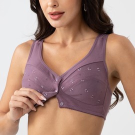 Comfortable Daisy Bra for Seniors,Charm Front Snap Closure Cotton Bras Front Close Bras for Older Women, Purple, 34