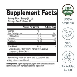 Ancient Nutrition Organic Fiber Powder, Raspberry Lemonade, Soluble Fiber from Acacia & Konjac Root, Supports Digestive Health, Reduces Bloating, 6.5 oz