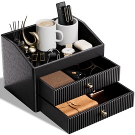 LADSTAG Office Supplies,Black Vegan Leather Office Organization with 2 Drawers & Tray,Glasses Holder with Gold-Tone Metal Accents Knob for End Tables,Bedside Table,Bedroom