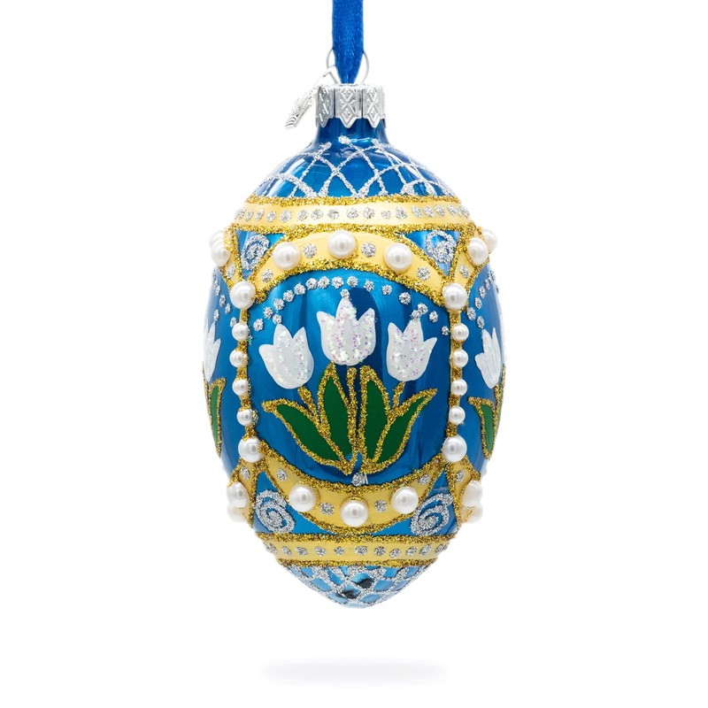 White Flowers and Pearls on Blue Glass Egg Ornament 4