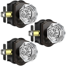 Calzibeno 3 Pack Glass Door Knobs, Oil Rubbed Bronze Crystal Door Knobs Interior with Lock for Privacy Use, Diamond Crystal Door Knobs for Bedroom Bathroom, Vintage Glass Door Knob Set