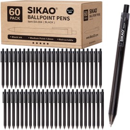 Sikao Black Pens Bulk, 60 Pack Retractable Ballpoint Pens, Black Ink 1.0mm Medium Point, Smooth Writing No-Smear, Click Pens for Teachers, Students, Restaurant Servers, School & Office Supplies