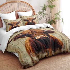 CCoutueChen Highland Cow Comforter Set Queen Size, 3Pcs Soft Brown Cattle Bedding Set for Women Girls, Lightweight Down Alternative Comforter with 2 Pillowcases/Great Bedroom Decor (90" X 90")
