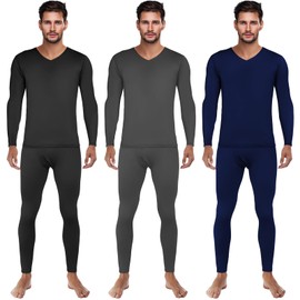 Patelai 3 Set Thermal Underwear for Men Long Underwear Fleece Lined V Neck Winter Warm Base Layers Thermal Top Bottom(Medium,Black, Dark Gray, Navy Blue)