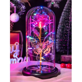 Gifts for Women Mom Birthday Gift, Galaxy Glass Rose Flower Gifts Forever Eternal Crystal Light Up Rose in Glass Dome with Butterfly Anniversary Mothers Day for Her Wife Sister, Pink