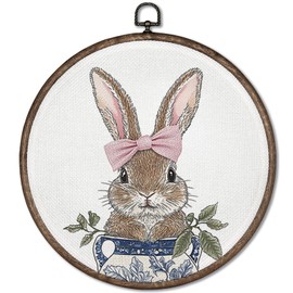 GWFSJYU Chinoiserie Bunny Framed Wall Art, Easter Blue and White Rabbit Round Canvas Prints Wall Art, Coquette Bunnies Wall Hanging Decor for Bathroom bedroom, Bunny Gifts for Rabbit Lovers, 10”x10”