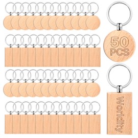 Worldity 50 Pcs Wooden Keychain, Unfinished Laser Engraving Blanks with Key Rings, Round & Rectangle Wooden Keychain Blanks for DIY Crafts, Pet Tags, Decorative Pendants