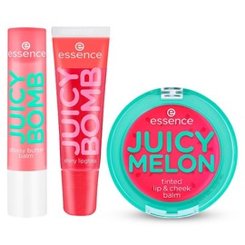 essence - Pack Labial JUICY: Gloss Poppin' Pomegranate (10 ml) + Bálsamo Brillante One in a Melon (2.5 g) + Bálsamo Tinte Juicy Melon (3 g), Hidratación, Color Fresco y Brillo Ultrafrutas