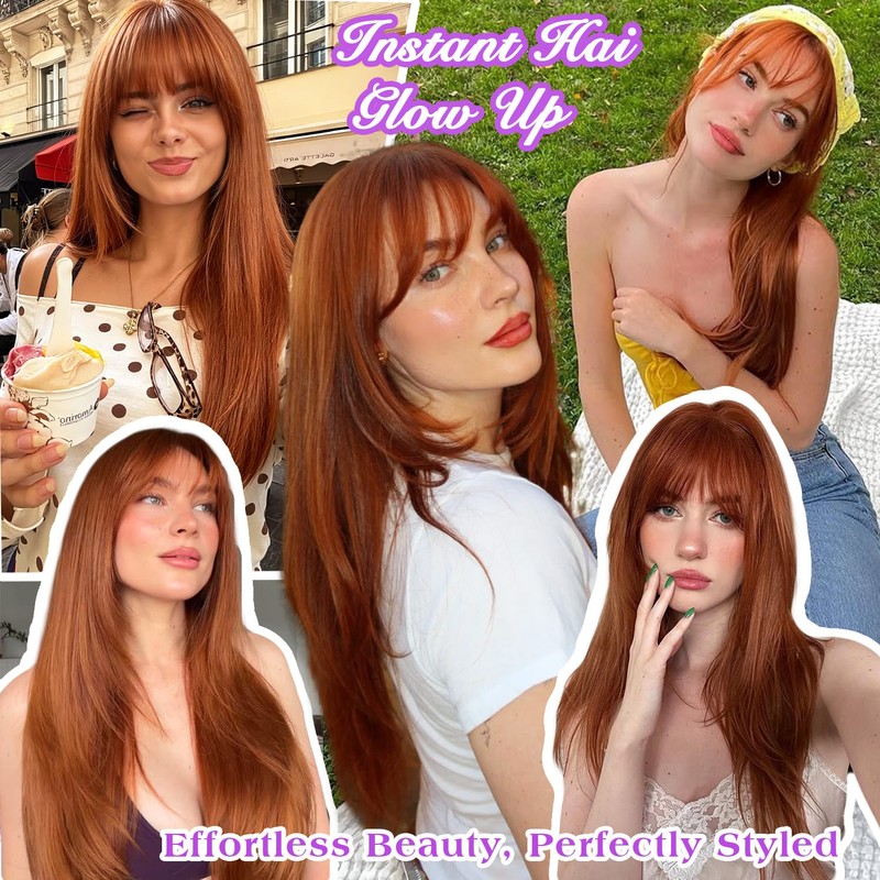 Long Layered Ginger Wig with Bangs Straight Synthetic Wig for