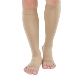 TOFLY® Medias de compresión hasta la rodilla, puntera abierta, soporte firme de 15-20 mmHg, calcetines opacos de compresión para embarazo, soporte de tobillo y arco, hinchazón, venas varicosas, edema beige, XXL