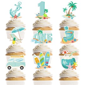 36Pcs The Big One Cupcake Toppers, Surfer Cupcake Decorations, Summer Beach Birthday Party Supplies, Tropical Blue 1st Birthday Photo Props Decor