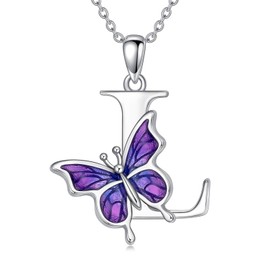 LONAGO Initial L Necklace for Women 925 Sterling Silver Purple Butterfly with A-Z 26 Letters Pendant Necklace for Graduation Gifts