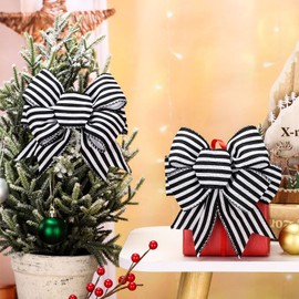 4 Pieces Christmas Stripe Wreath Bow Black and White Burlap Stripe Bow Gingham Craft Bows Tree Decorative Bow Decor for Crafts Xmas Party Home Birthday Decoration