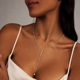 Luxval Long Gold Necklace for Women Trendy Dainty 14k Gold Plated Drop Lariat Necklace Simple CZ Y-Shaped Body Chain Wedding Prom Statement Necklace Jewelry Gifts