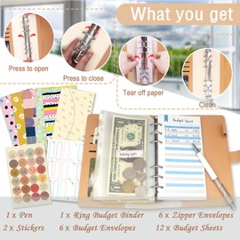 Budget Binder with Cash Envelope, Ginmlyda A6 Budget Binder for Money Saving Budget Book with Budget Sheets, Zipper PVC Pockets, Cash Envelopes, Stickers & Pen, Money Binder Organizer for Cash