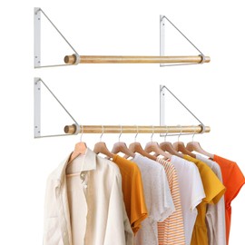 IBUYKE Wall Mounted Clothes Rack Set of 2, Wood Wall Mounted Clothes Rail, Space-Saving Hanging Closet Rod, Modern Wardrobe Coat Rack for Entrance, Wall, Door, Bathroom, Bedroom, White TYJ005W-2