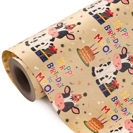 WRAPAHOLIC Kraft Cow Birthday Wrapping Paper Roll - Mini Roll - 17 Inch x 16.5 Feet - Cow Wrapping Paper with Cakes and Happy Birthday Moo Design Perfect for Girls Boy Kids, Baby Shower