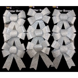 Theme Machine Set Of 9 Glitter SILVER Bow Christmas Tree Baubles Decorations
