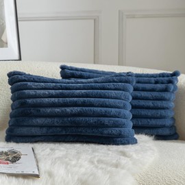 Mandioo Pack of 2 Decorative Cushion Covers 30cm x 50cm Faux Fur Striped Plush Soft Throw Pillow Covers Pillow Cases Bedroom Living Room Sofa Home 12x20 Inch Blue