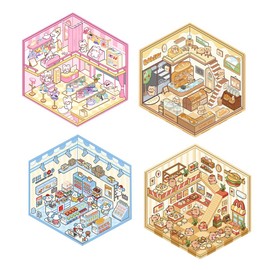 ISHR House Stickers, Set of 4, Landscaping Stickers, Animal Shops, Paper Miniature Model, 3D, DIY Collage Material, Cute, Stylish, Diary, Seal, Notebook Material Pack, For DIY, Stress Relief, Hobbies