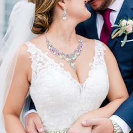 EVER FAITH Women's Crystal Bridal Floral Cluster Teardrop Necklace Earrings Set Iridescent Clear AB Silver-Tone