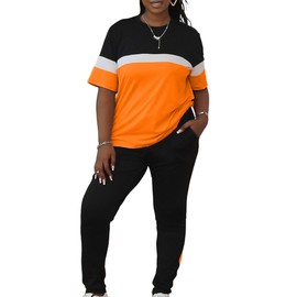 LovelyWholesale Plus Size 2 Piece Outfits for Women Color Block Tracksuit Short Sleeve Top and Pants Set Orange X-Large
