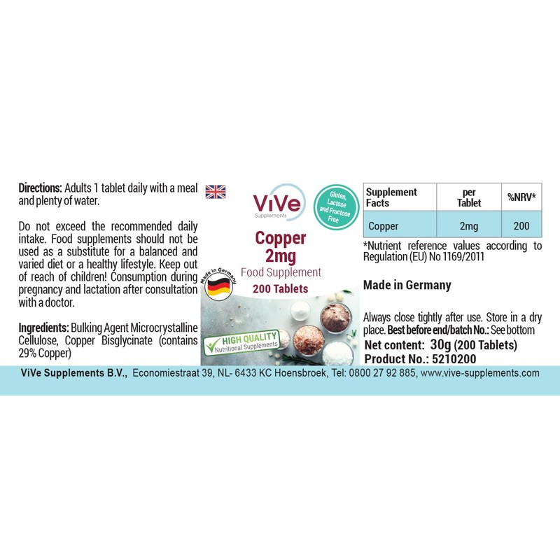 Kupfer 2mg - 200 Tabletten - Kupferbisglycinat - Hochdosiert -