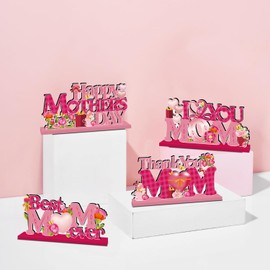 4Pcs Mothers Day Decorations Wooden Table Centerpieces, Pink Heart Flower Happy Mothers Day Table Decorations Thank You Mom Wood Sign for Home Decor