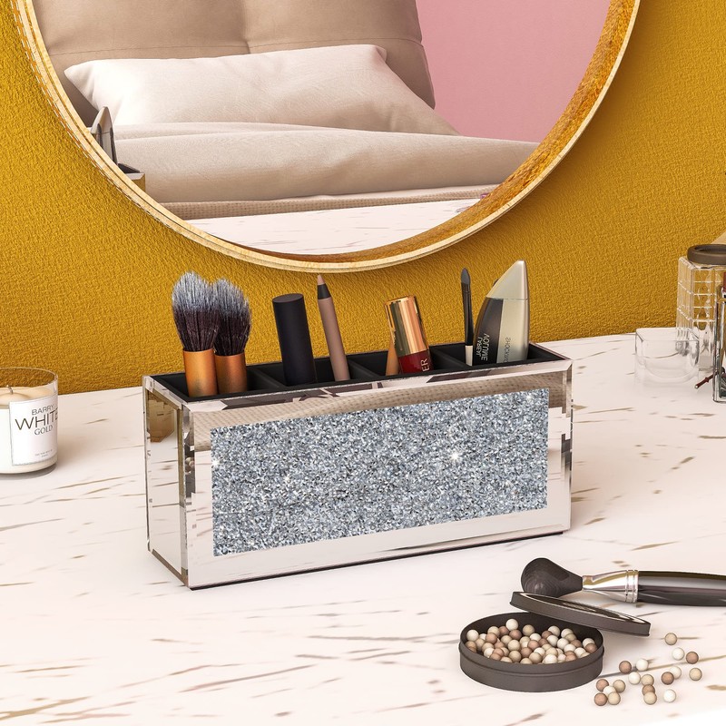 SHYFOY 4-Compartment Makeup Brush Holder, Mirrored Makeup Organizer with Crushed