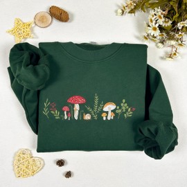 ELAIXV Mushrooms Embroidered Oversized Sweatshirt for Women - Soft French Terry Cotton Crew Neck Sweater - Size XXL - Forest Green