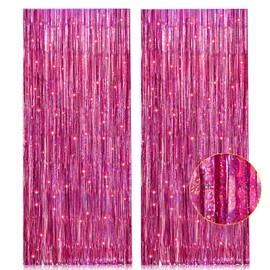 PIGETALE 2 Pack 3.2ft x 8.2ft Fringe Curtain Backdrop Party Streamers for Photo Booth Birthday Wedding Engagement Bridal Shower Bachelorette Holiday Party Background Decorations (Pink)