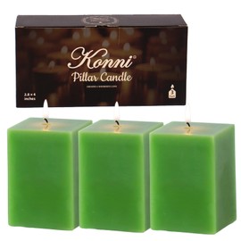 KONNI Square Green Pillar Candles Set of 3, 2.8"x 4" Unscented Pillar Candles Bulk, 30 Hours Long Burning Candles, Smokeless and Dripless Large Candle for Wedding, Home Decoration, Parties, Spas