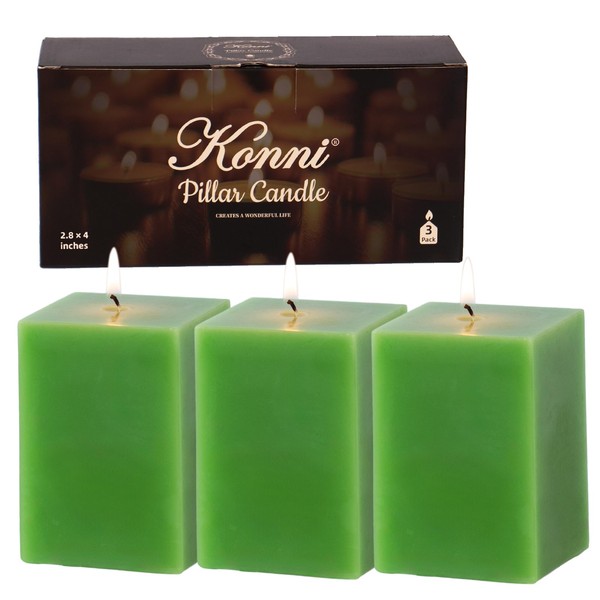 KONNI Square Green Pillar Candles Set of 3, 2.8"x 4"