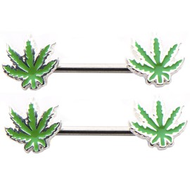 Body Vibe Pot Leaf Forward Facing 14g 1/2 Nipple Bars Ring Barbells - Sold as a Pair