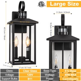 Brilvibera Large Motion Sensor Outdoor Wall Lights, 18" Black Dusk to Dawn Outdoor Lighting, 2-Light Aluminum Outdoor Fixture with E12 Socket, ETL Listed Outside Porch Lights Wall Mount for House