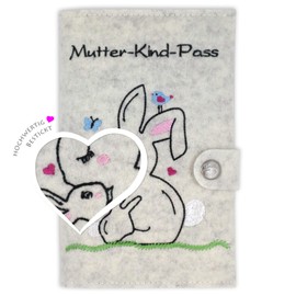 Mutterkind Passport Cover Austria Rabbit Love with Extra Compartments and Closure Made of Wool Felt - Mottled White