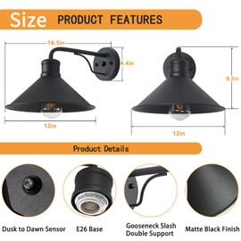 VICTOGATE Outdoor Light Fixture for Porch and House, 12" Exterior Barn Light with Dusk to Dawn Black Classic Light Fixture for Farmhouse (Set of 2)