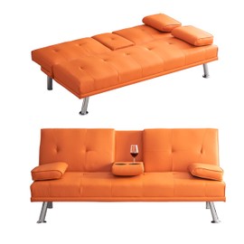 Faux Leather Sleeper Loveseat Futon Sofa Bed with Cup Holders , Button Tufted Folding Convertible Love Seat Lounge Sofabed Reversible Daybed with Pillow Armrests , Metal Legs for Living Room Apartment