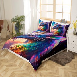 Dragon Duvet Cover,Kids Colorful Dragon Bedding Set,Rainbow Dragon Scales Comforter Cover for Boys Girls Room Decor,Cool Dragon Lightweight Bedspread Cover Twin Size with 1 Pillow Case(No Comforter)