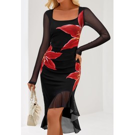 MEROKEETY Women's Long Sleeve Floral Midi Dress Bodycon Square Neck Ruffle Hem Mesh Wedding Guest Cocktail Party Dresses, BlackRed, Medium