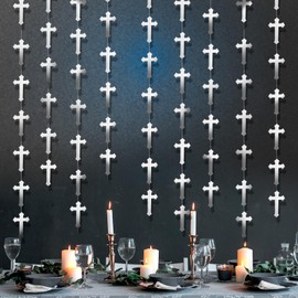 NHALESBG First Holy Communion Decorations, 6 Silver Cross Garlands Hanging Paper Streamer First Holy Communion Banner Hanging Streamer for Baptism Christening Confirmation First communion Decorations