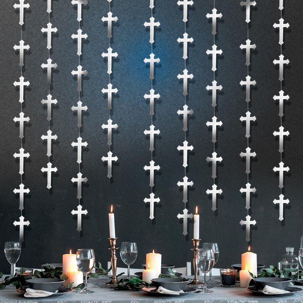 NHALESBG First Holy Communion Decorations, 6 Silver Cross Garlands Hanging