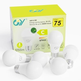 GY GY E27 Led Kaltweiss Glhbirne, 6.5W 1050LM Energiesparlampe, Ersetzt 75W Halogenlampen, Energieeffizienzklasse C, A60 Led Kaltwei?, Abstrahlwinkel 280Leuchtmittel, Nicht Dimmbar, 6 Stck