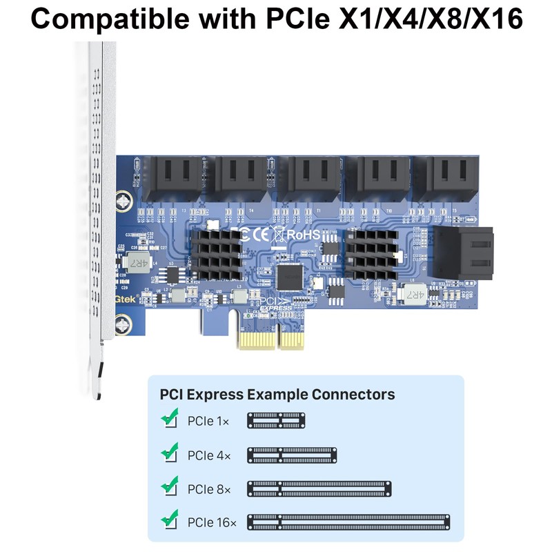 12 ports PCIe SATA Expansion Card, Including 12pcs SATA Cables,