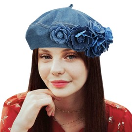 Gllutt Denim Beret Hat for Women Summer Thin Artist French Beret Hat Size Adjustable (Denim Flowers-Denim Blue)