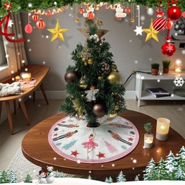 Mini Christmas Tree Skirt 15 Inch, Pink Nutcracker Ballet Table Tree Mat with Candy Accents, Small Xmas Skirt for Desk, Shelf, Girls’ Room, or Indoor Holiday Décor